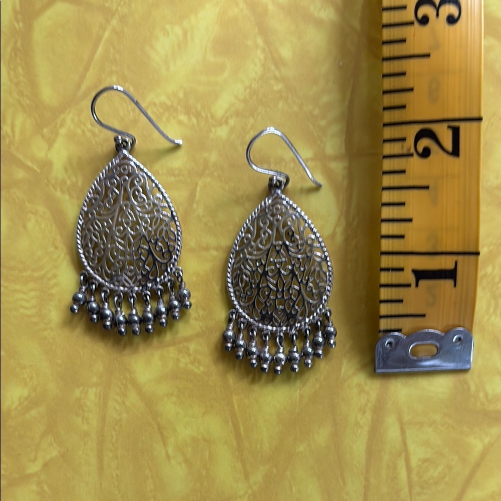 Silver Teardrop Filigree Earrings with Fringe